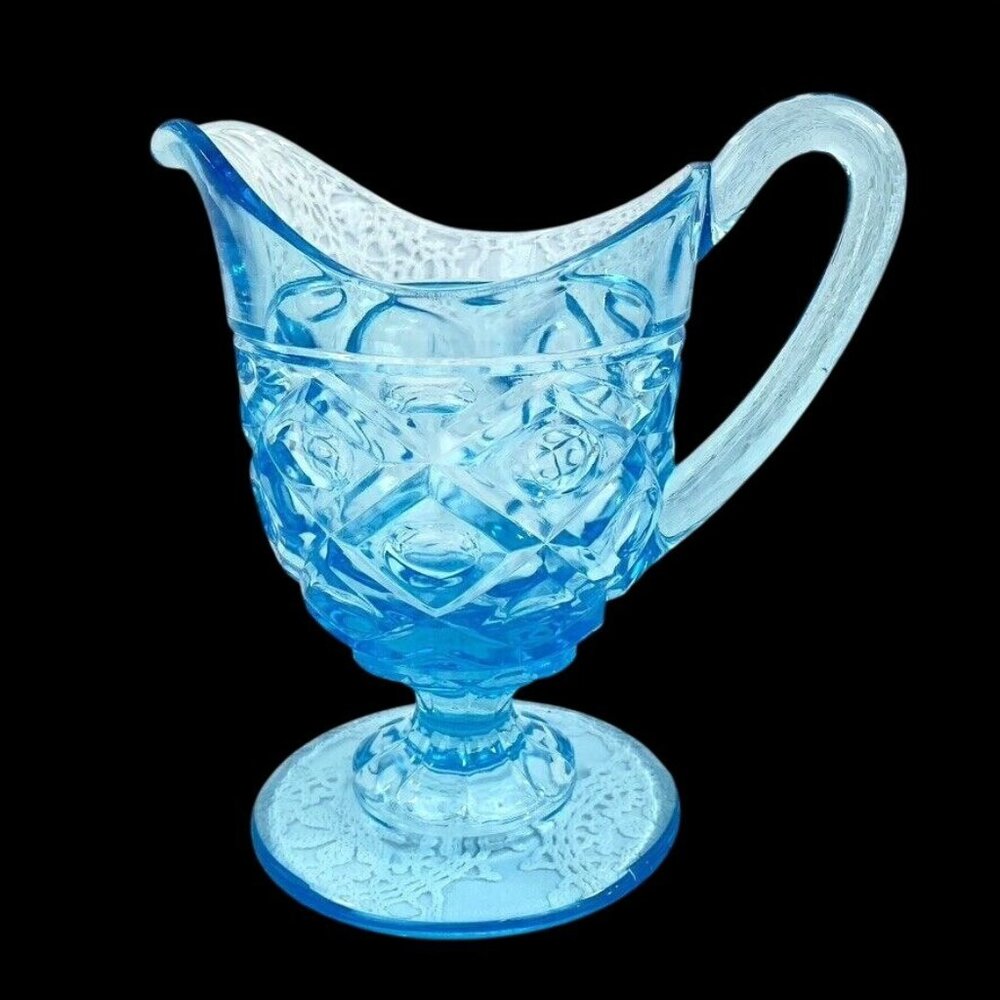 S M Cream Milk Pitcher Pedestal Diamond Thumb Print Aqua Blue 6.5" Cabinet Piece